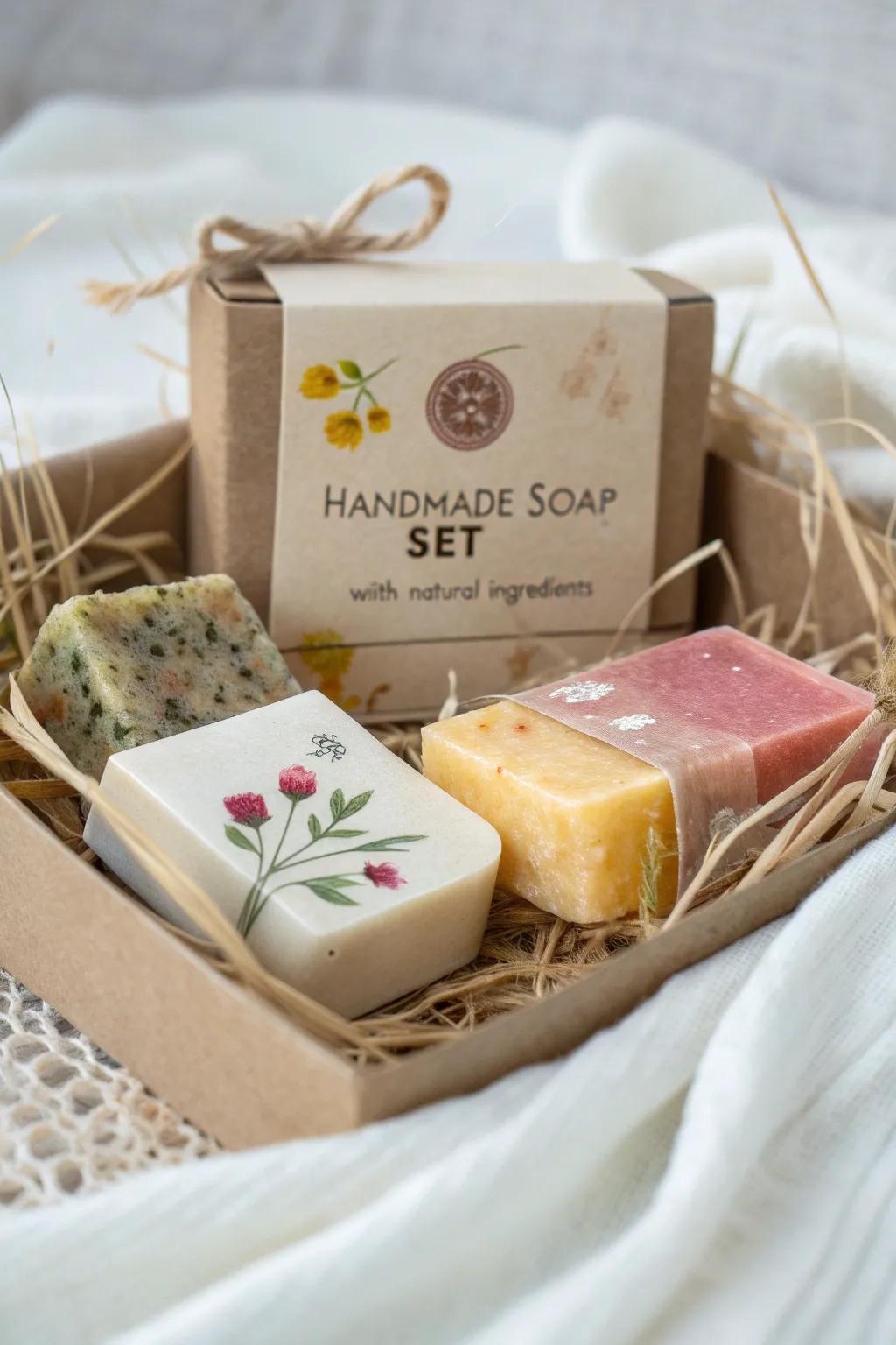 Handmade soap set with natural ingredients in eco-friendly packaging.