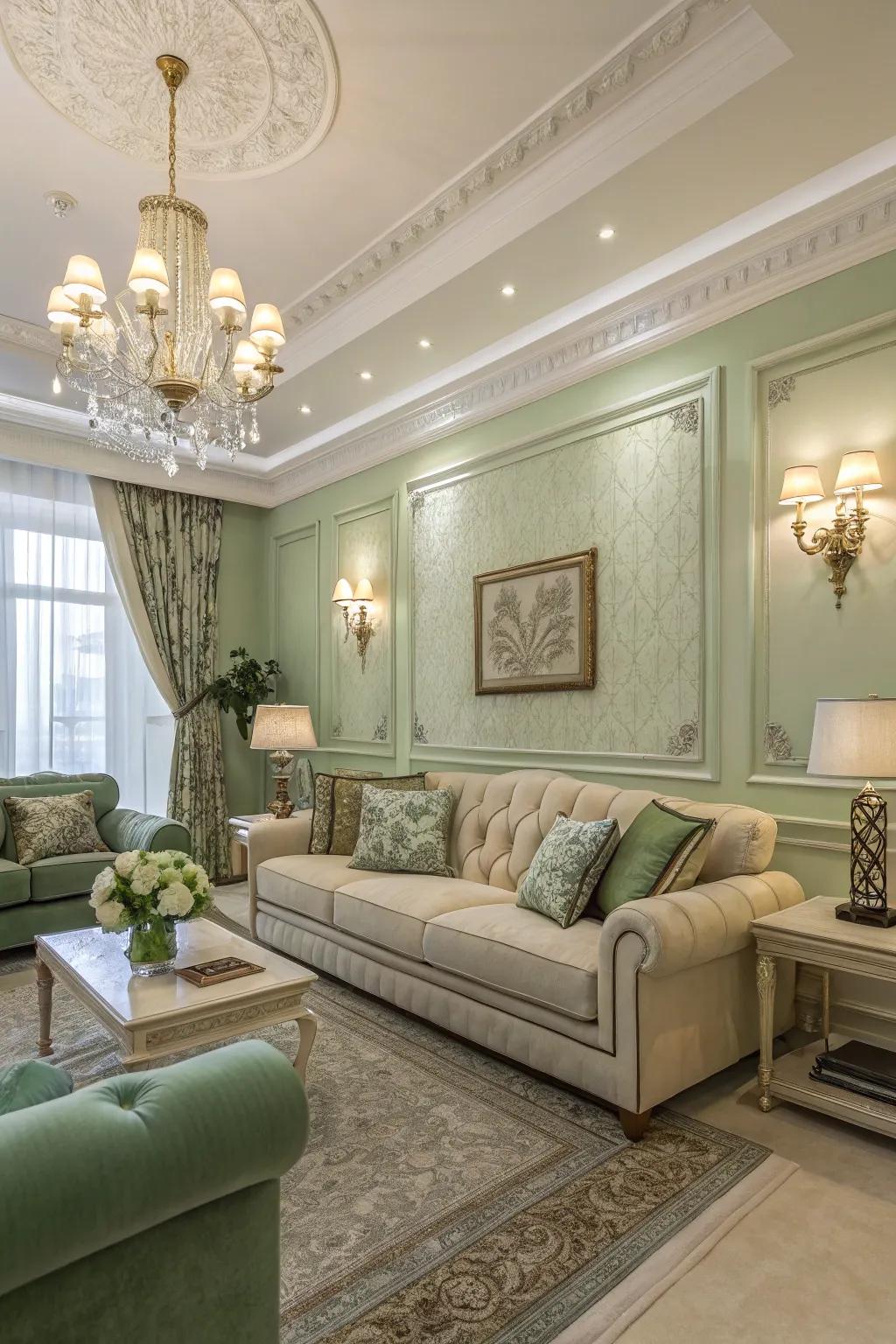 An elegant living room with a sage green and cream color palette.