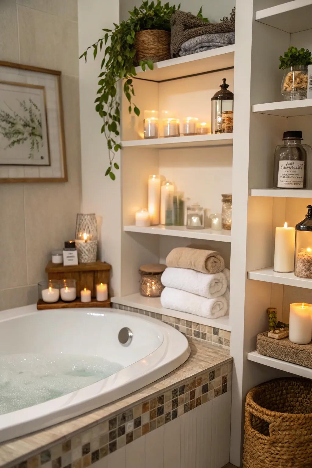 Functional shelving around a corner tub enhances both style and storage.