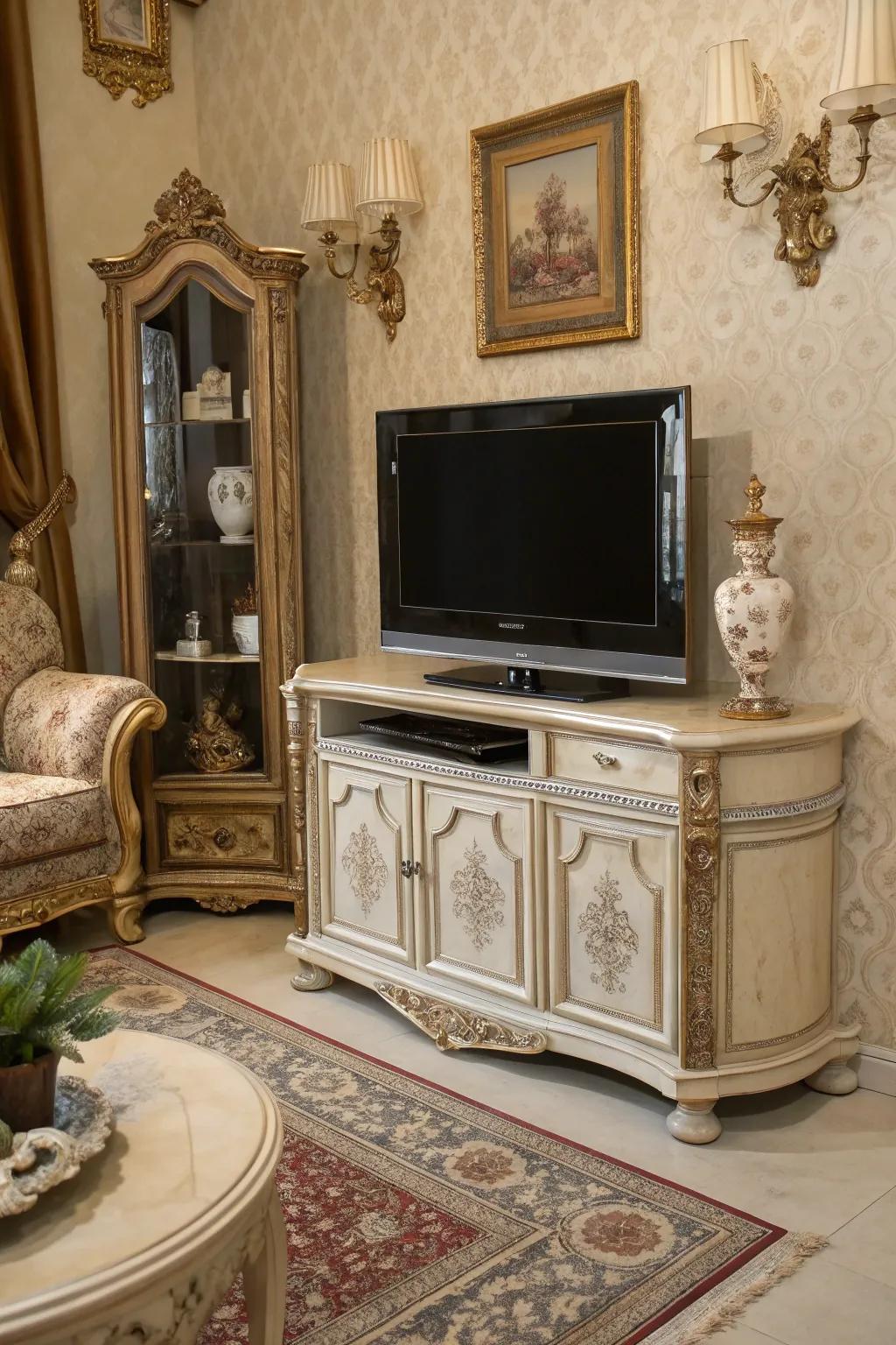 Antique-inspired TV stands add a touch of vintage elegance.