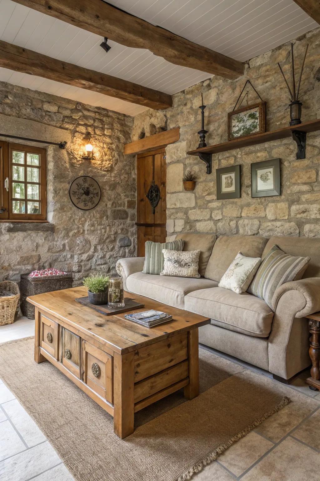 Exposed stone adds raw beauty and texture to a country living room.