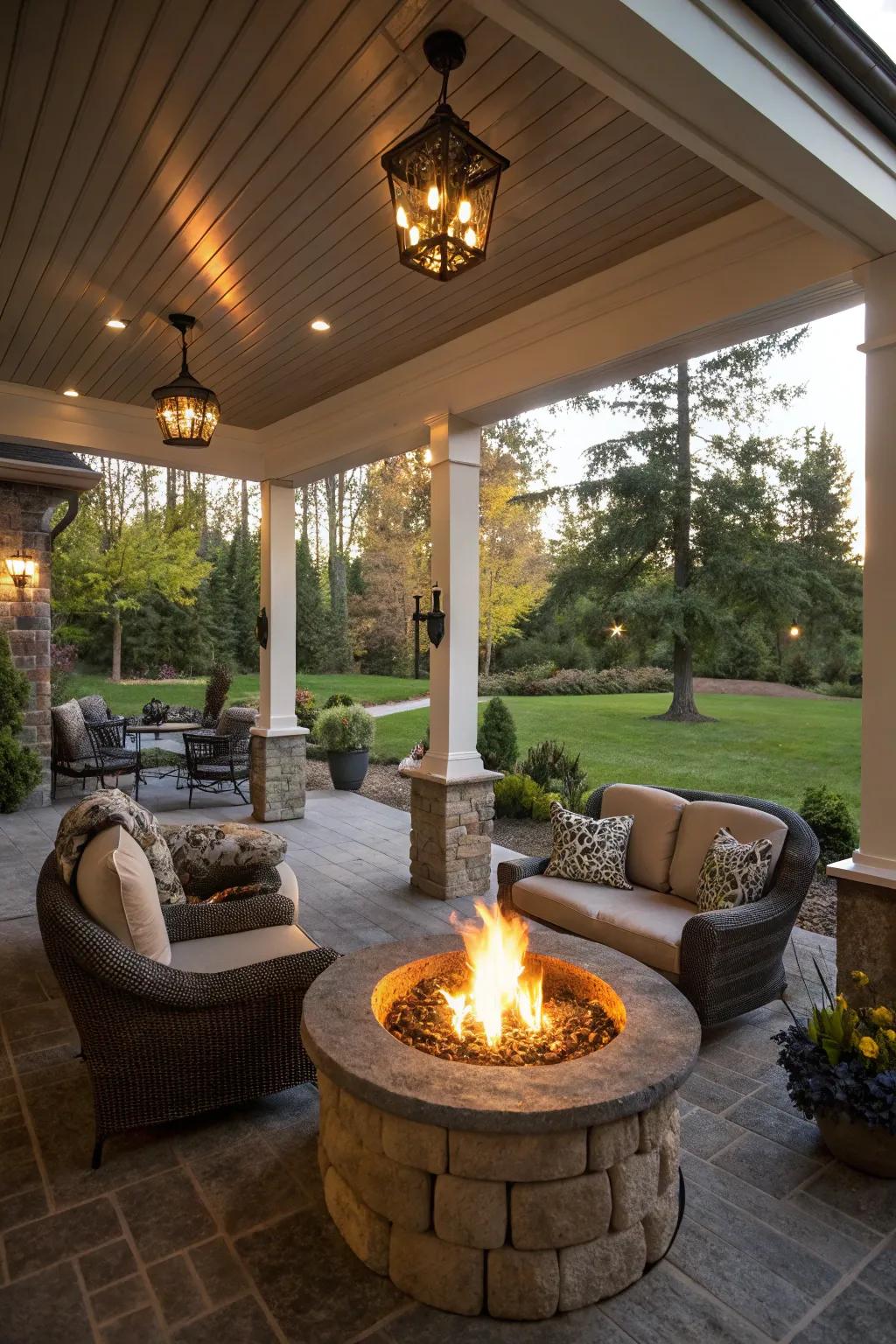 A fire pit provides warmth and a cozy ambiance on the patio.