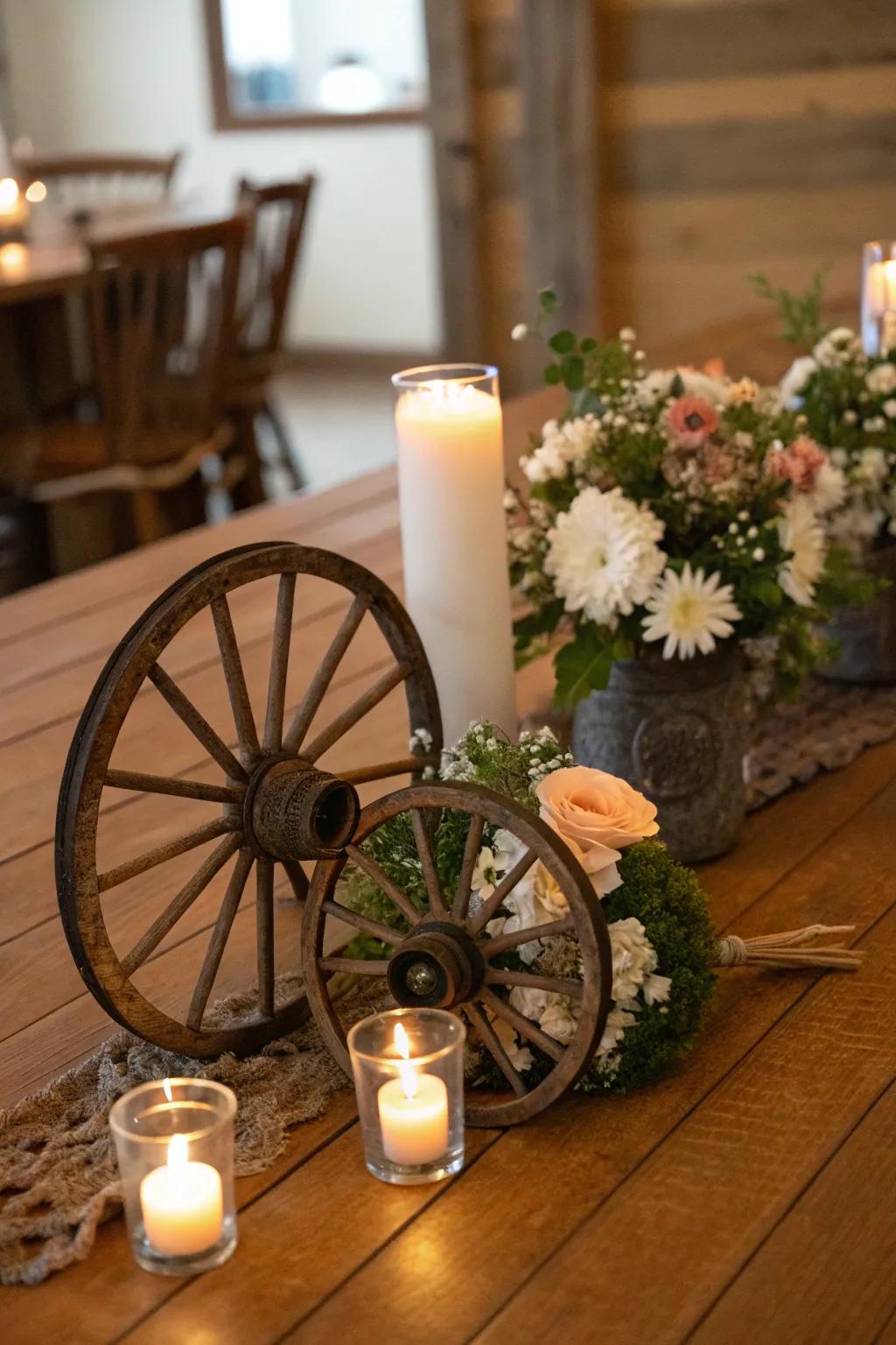 Miniature wagon wheels bring a touch of the Old West to the table.