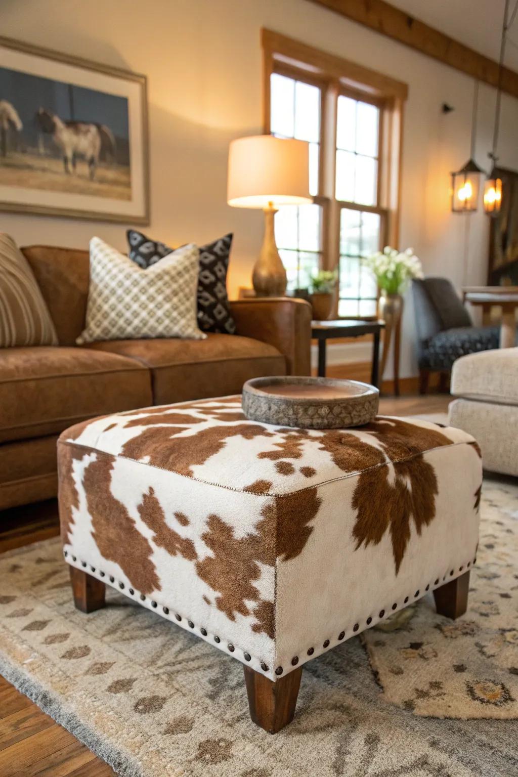 Cowhide footstools offer comfort and charm.