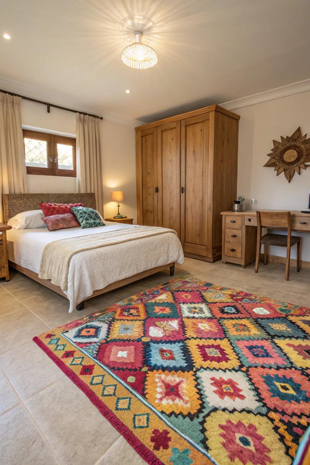 A statement rug adds color and warmth to this bedroom.