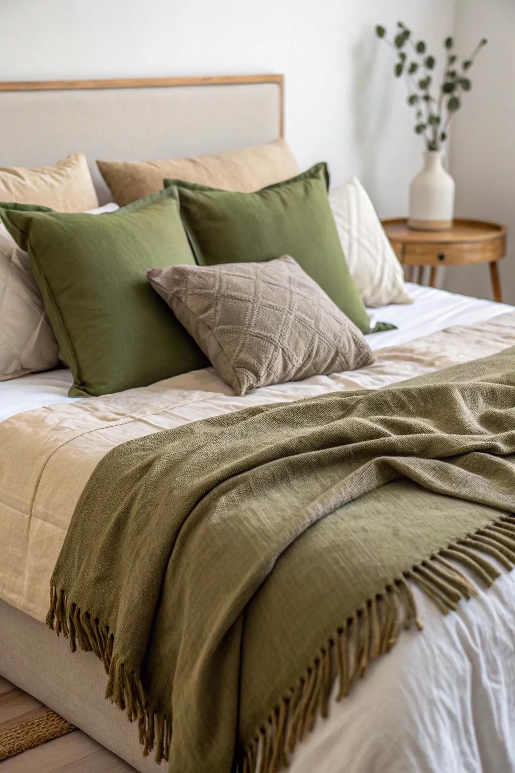 Olive green throw pillows provide a pop of color and comfort.