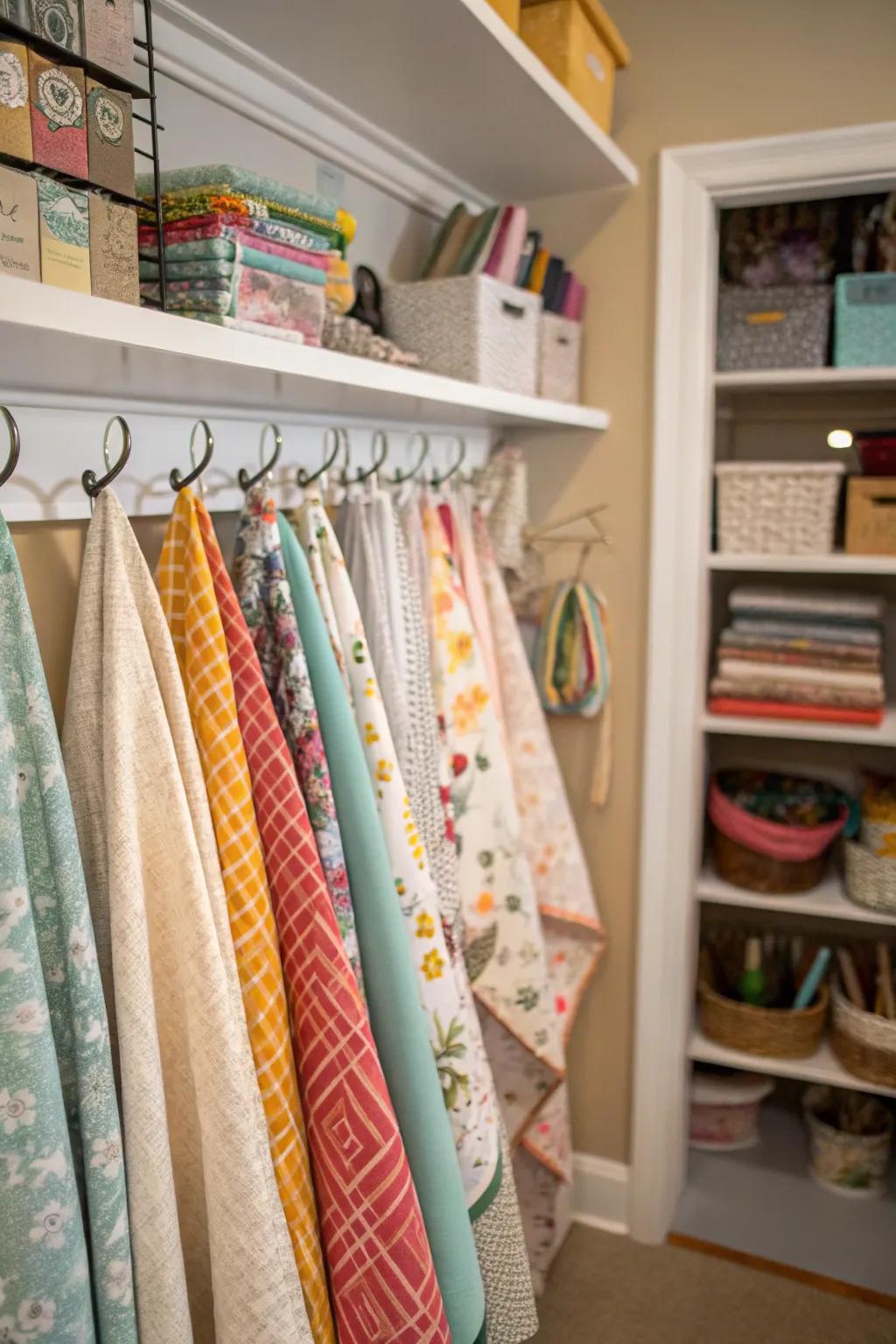 Hooks are ideal for hanging and organizing fabric.