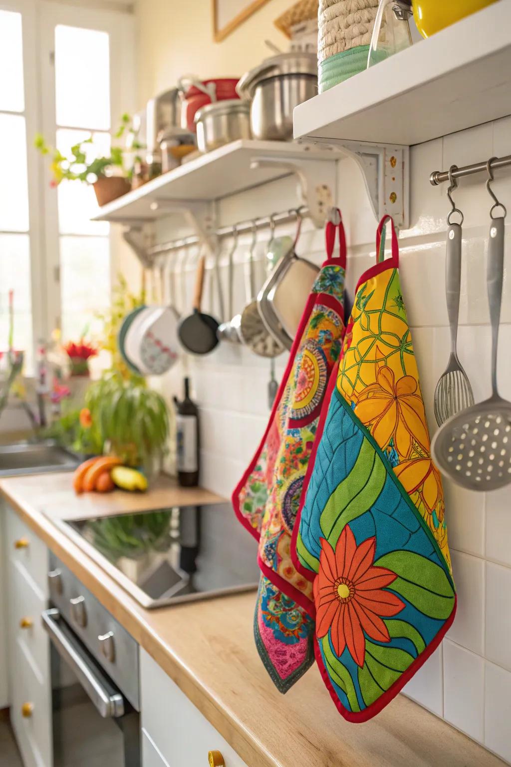 Vibrant painted pot holders, a splash of color and creativity for the kitchen.