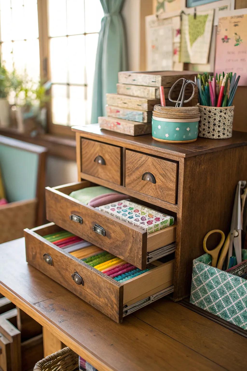 Repurposed drawers for unique and functional storage.