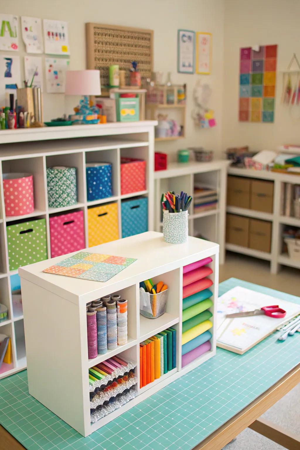 Cube storage offers flexible organization for diverse craft supplies.