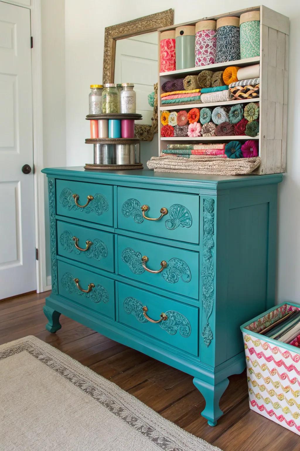 Transform old into gold: a vintage dresser turned craft haven, where style meets functionality.