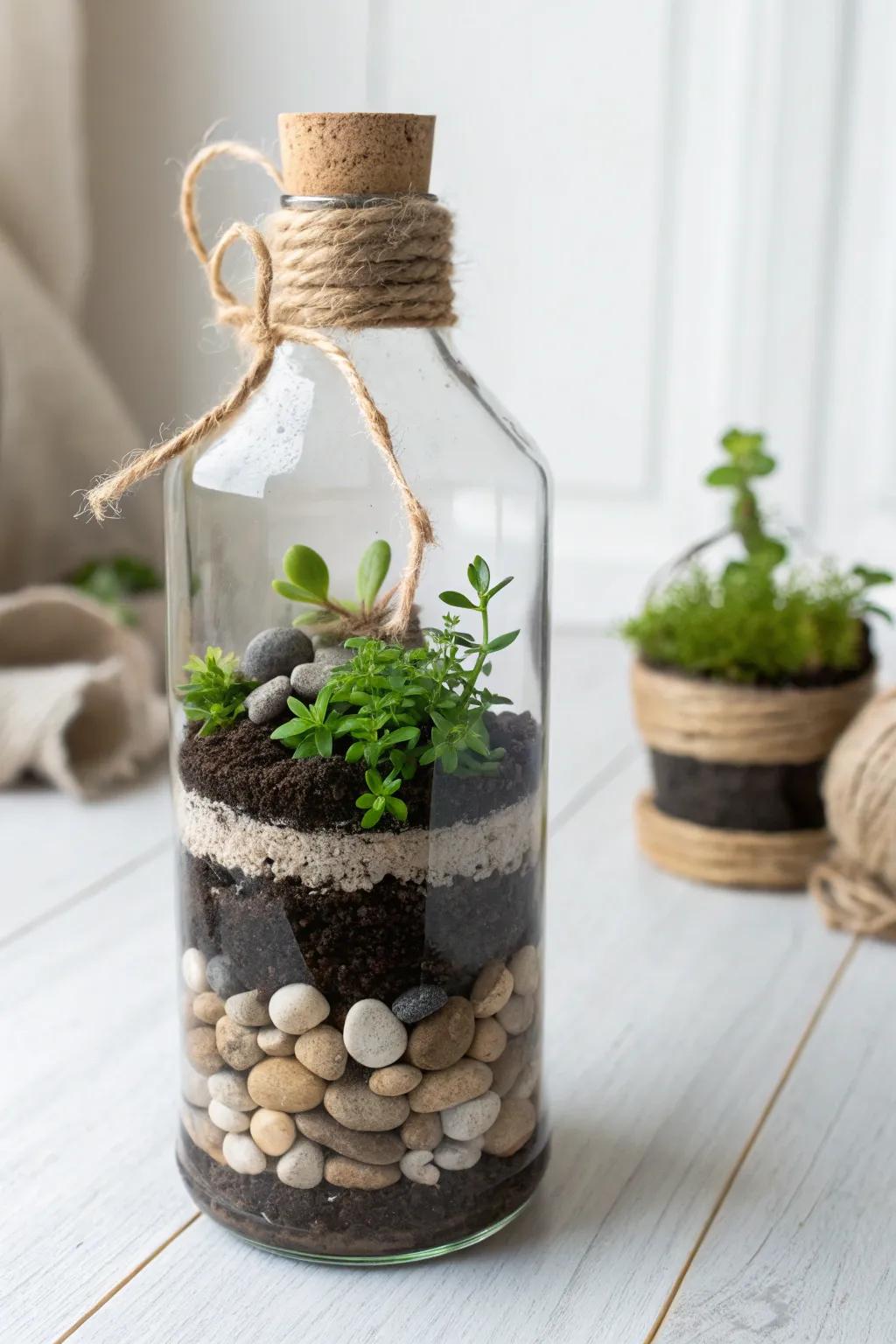 Bring nature indoors with a charming DIY bottle terrarium, perfect for adding a whimsical touch to your space.