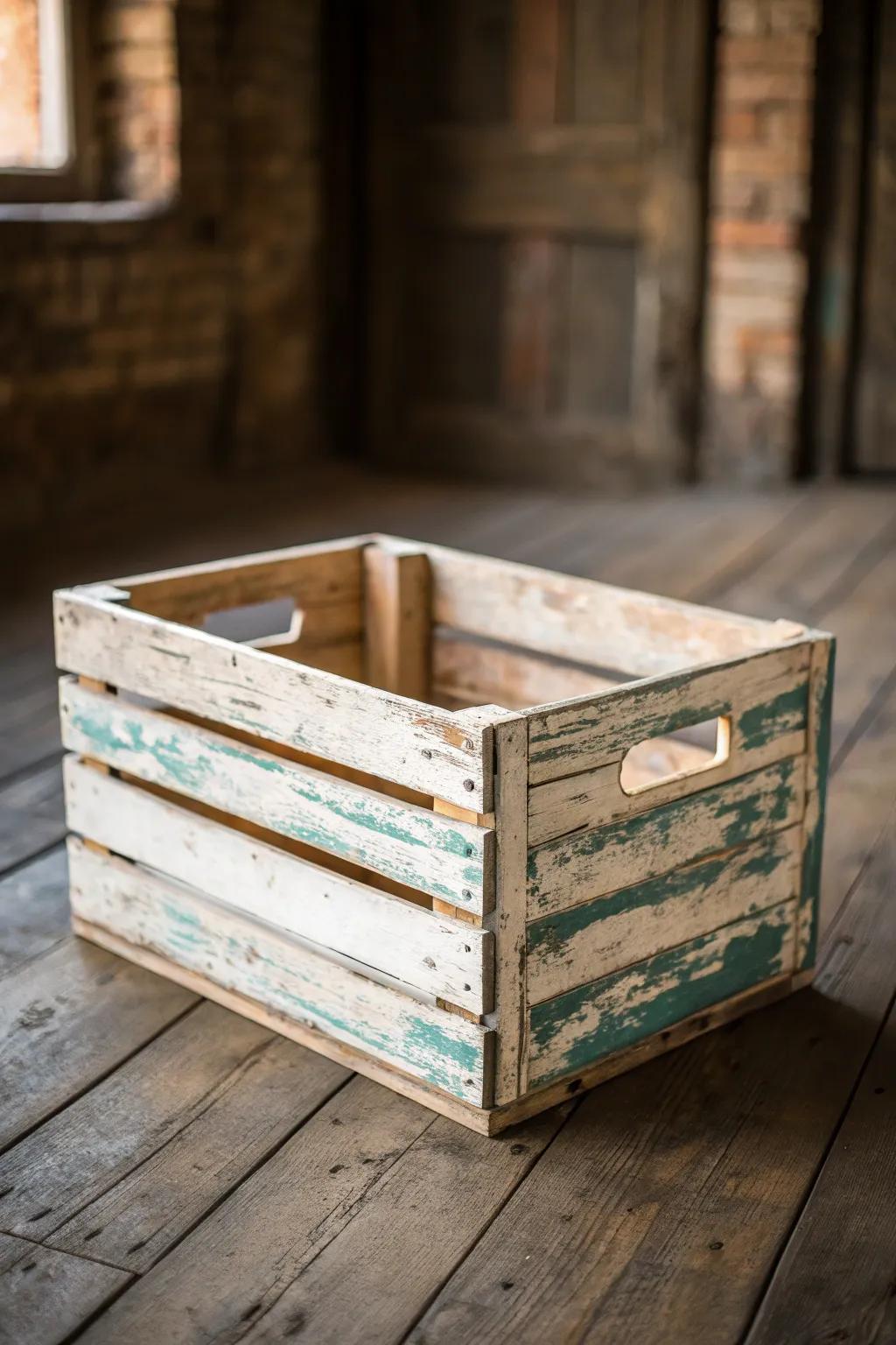 Transform your space with a touch of vintage charm through beautifully distressed crates.