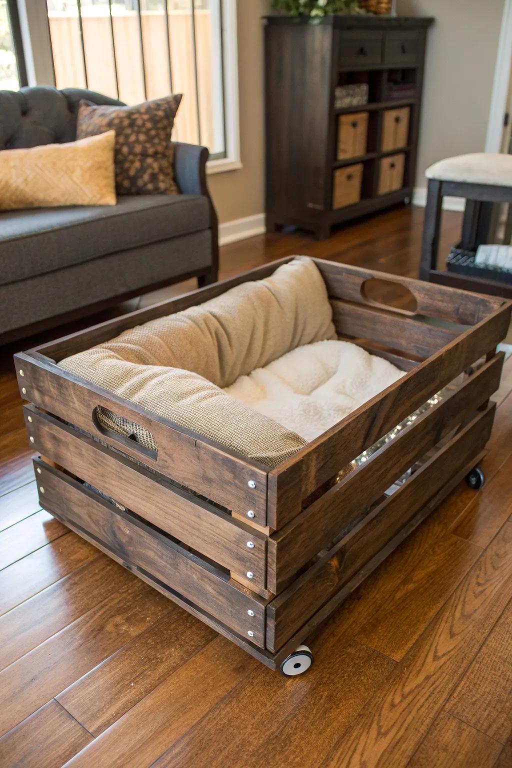 Transform your space with this handcrafted mobile pet bed that's as cozy as it is stylish.