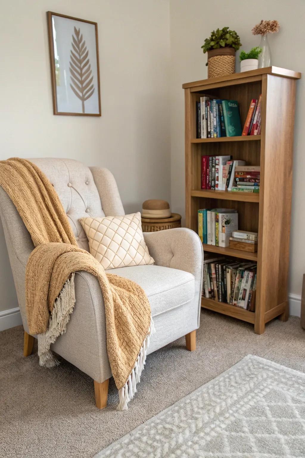 A cozy reading nook adds charm and functionality to a cream carpeted living room.