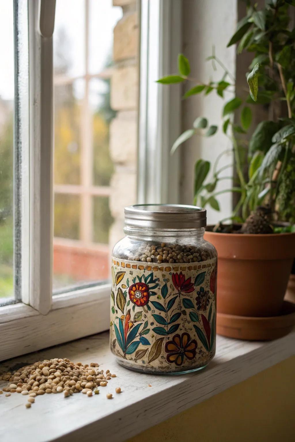 Customize your seed jar with artistic designs for an elegant touch.