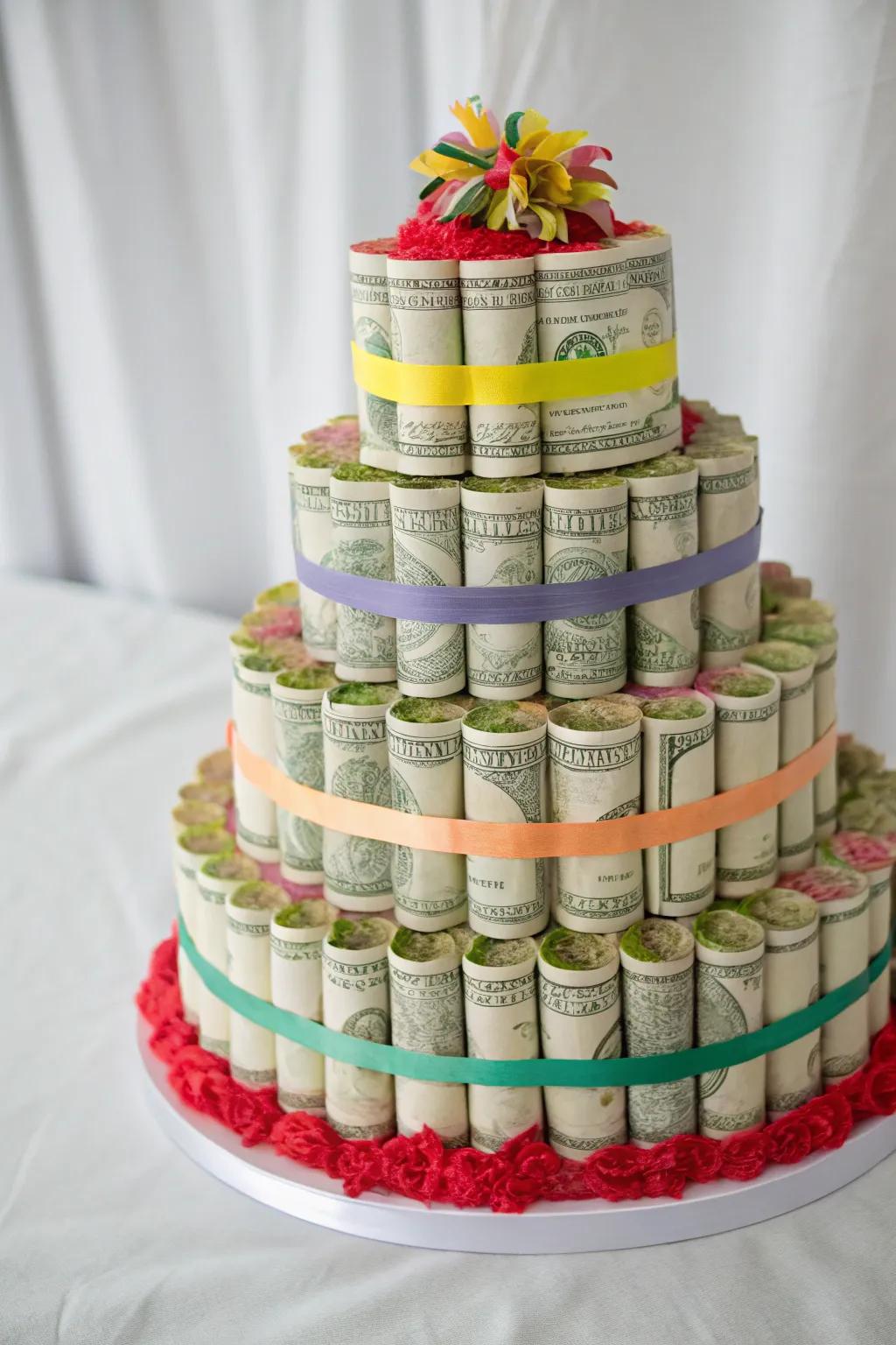 A visually striking money cake with bills rolled and tiered.