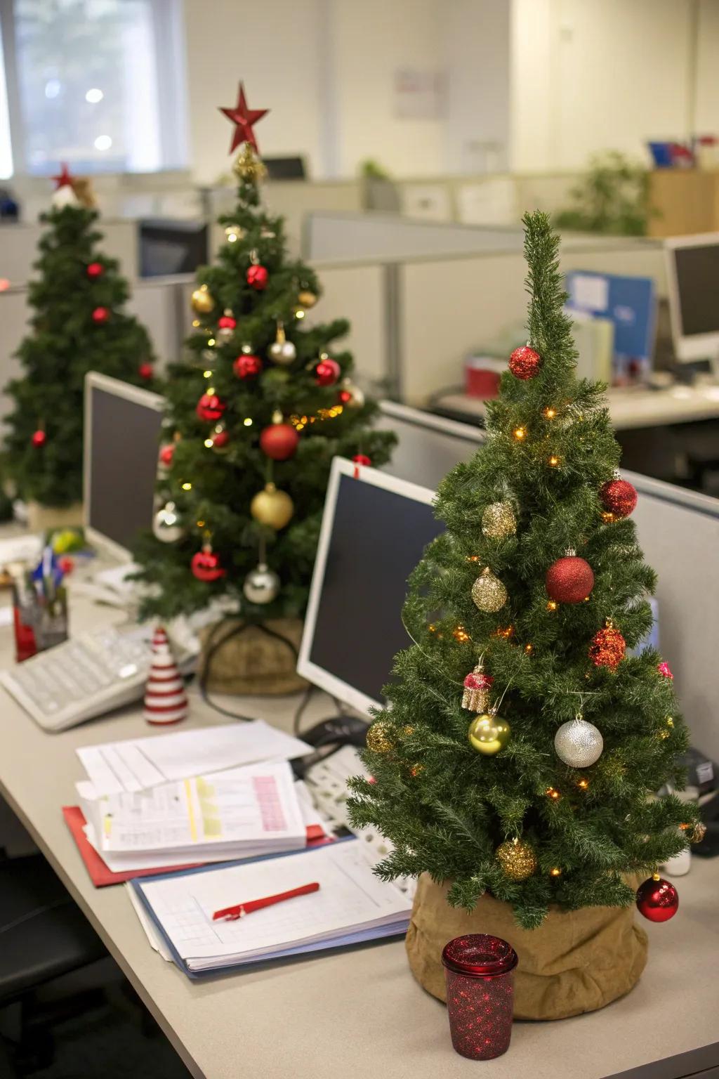 Mini desk trees allow for personal expression and add festive charm to workspaces.