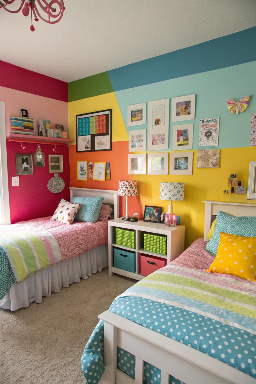 Color-coded walls personalize and divide spaces in a shared bedroom.