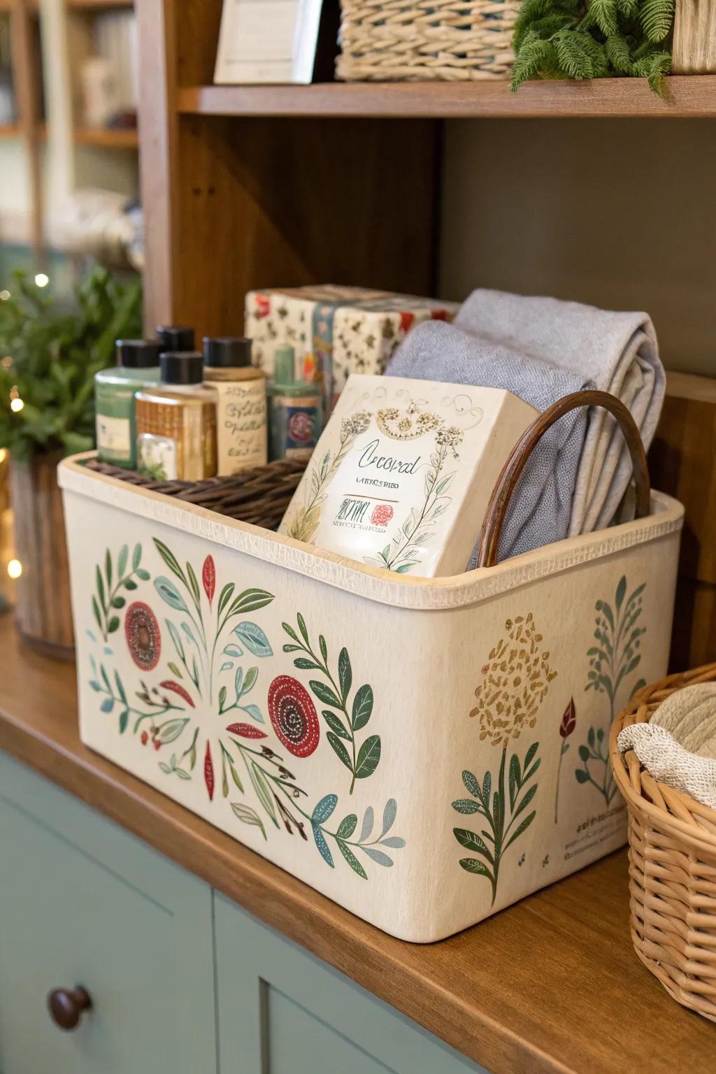 A versatile decorative storage box as a gift basket.