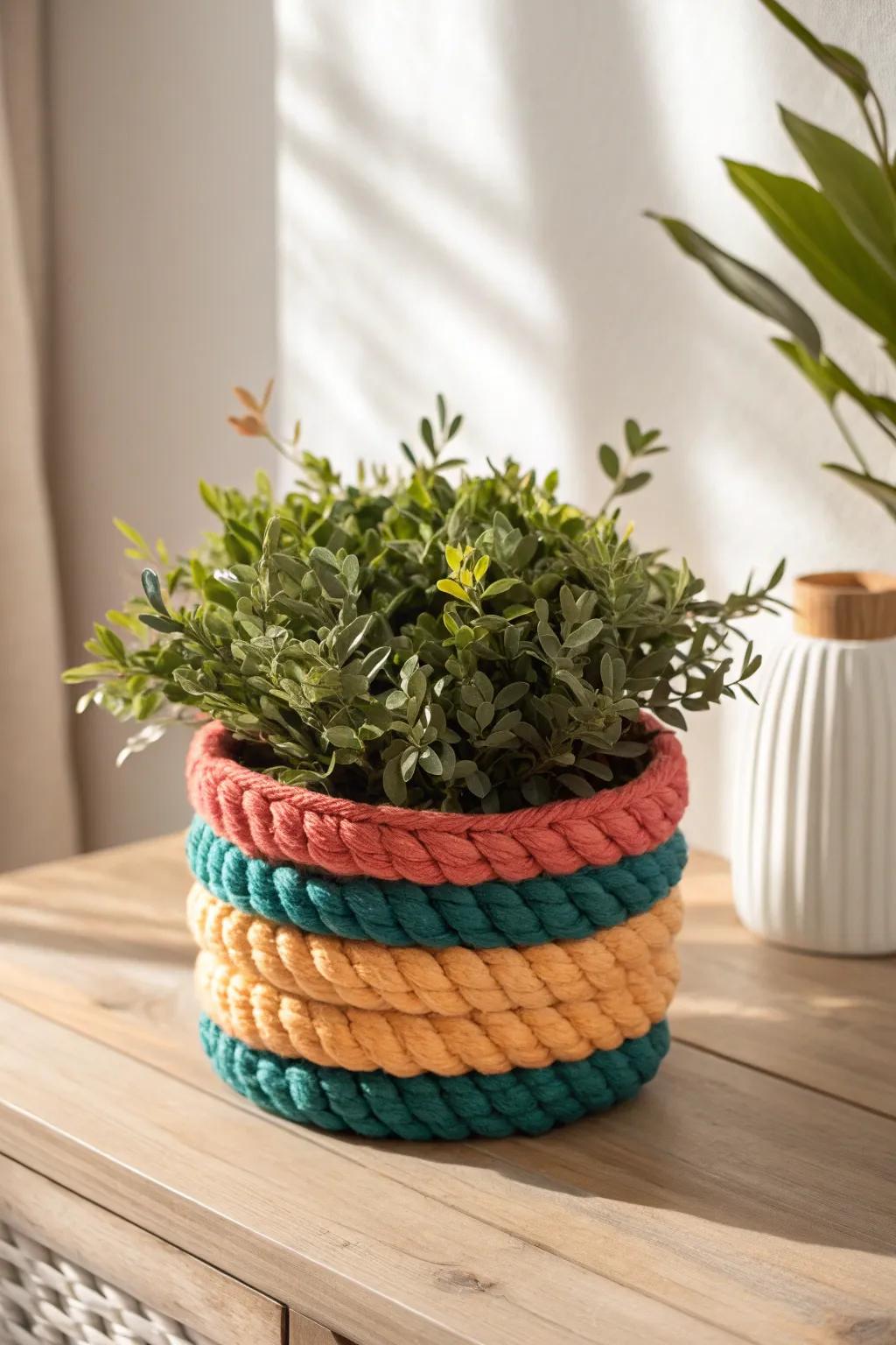 Elevate your plant decor with a cozy yarn-wrapped planter that adds a splash of color and charm to any space.
