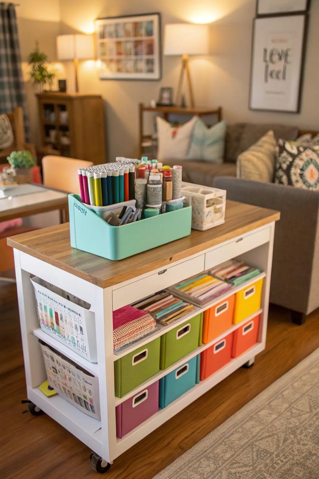 Rolling storage cubes offer flexible organization options.