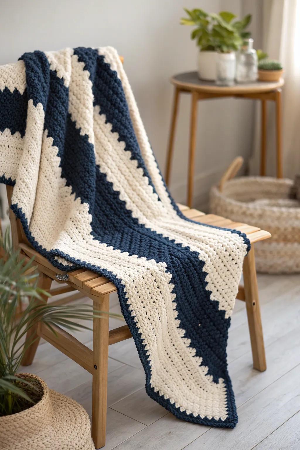 Add a modern twist to your cozy corner with this stunning geometric crochet border.