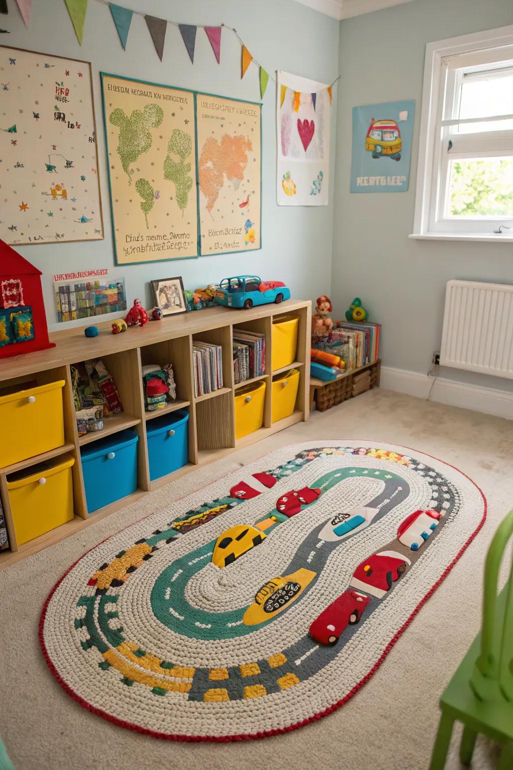 A playful racetrack crochet rug in a children's room.