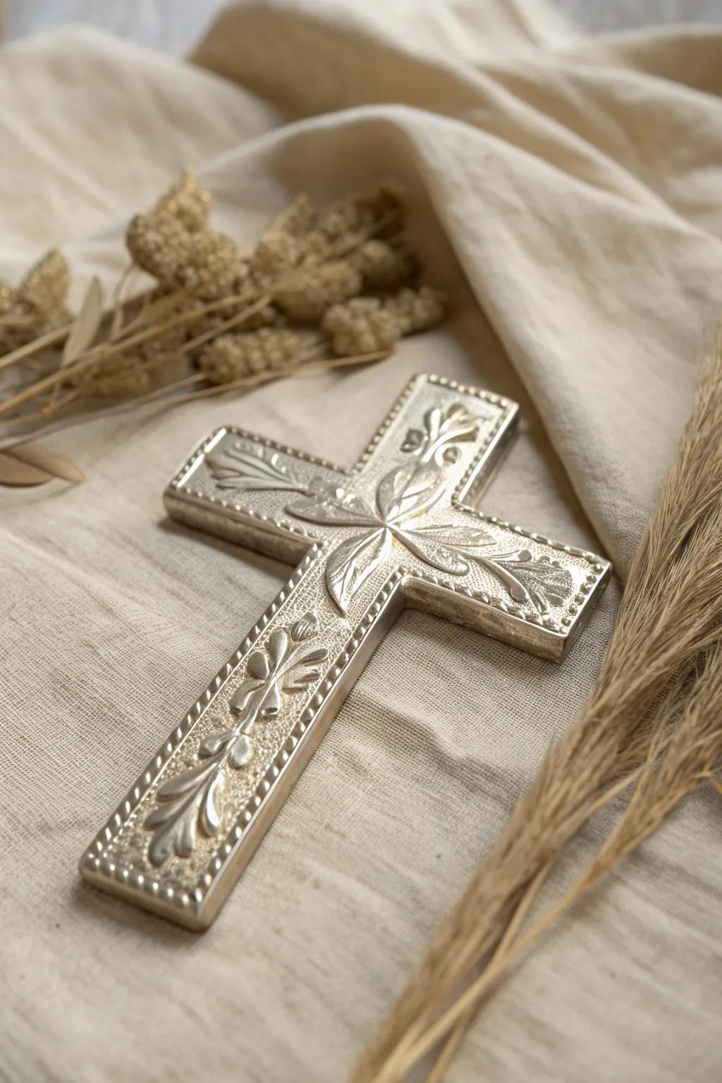 Add a touch of elegance to your space with this foil embossed cross—where minimalist design meets bold metallic beauty.