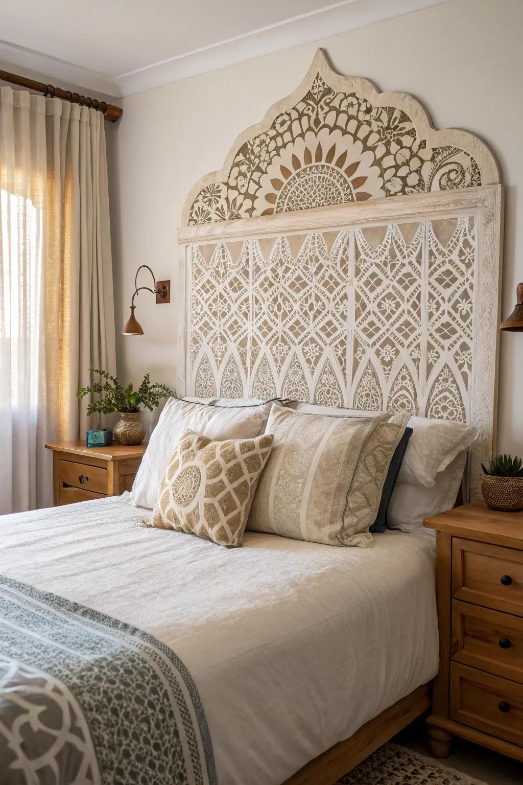 A stenciled headboard turns a plain surface into an artistic focal point.