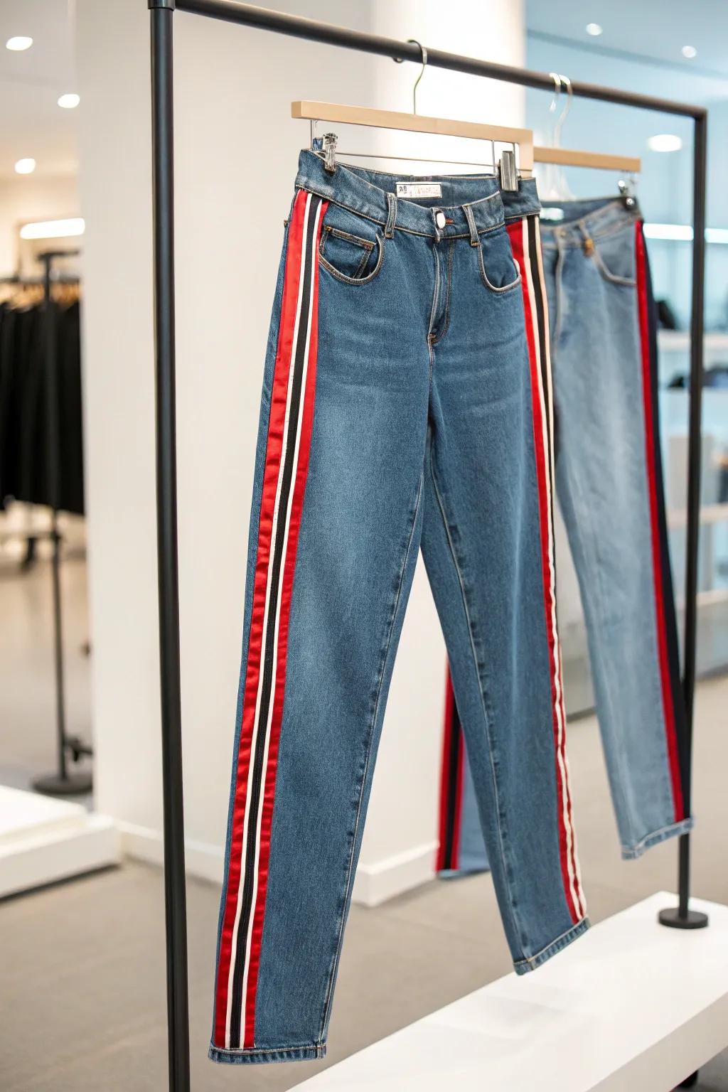 Sporty side stripes give a fresh look to classic jeans.