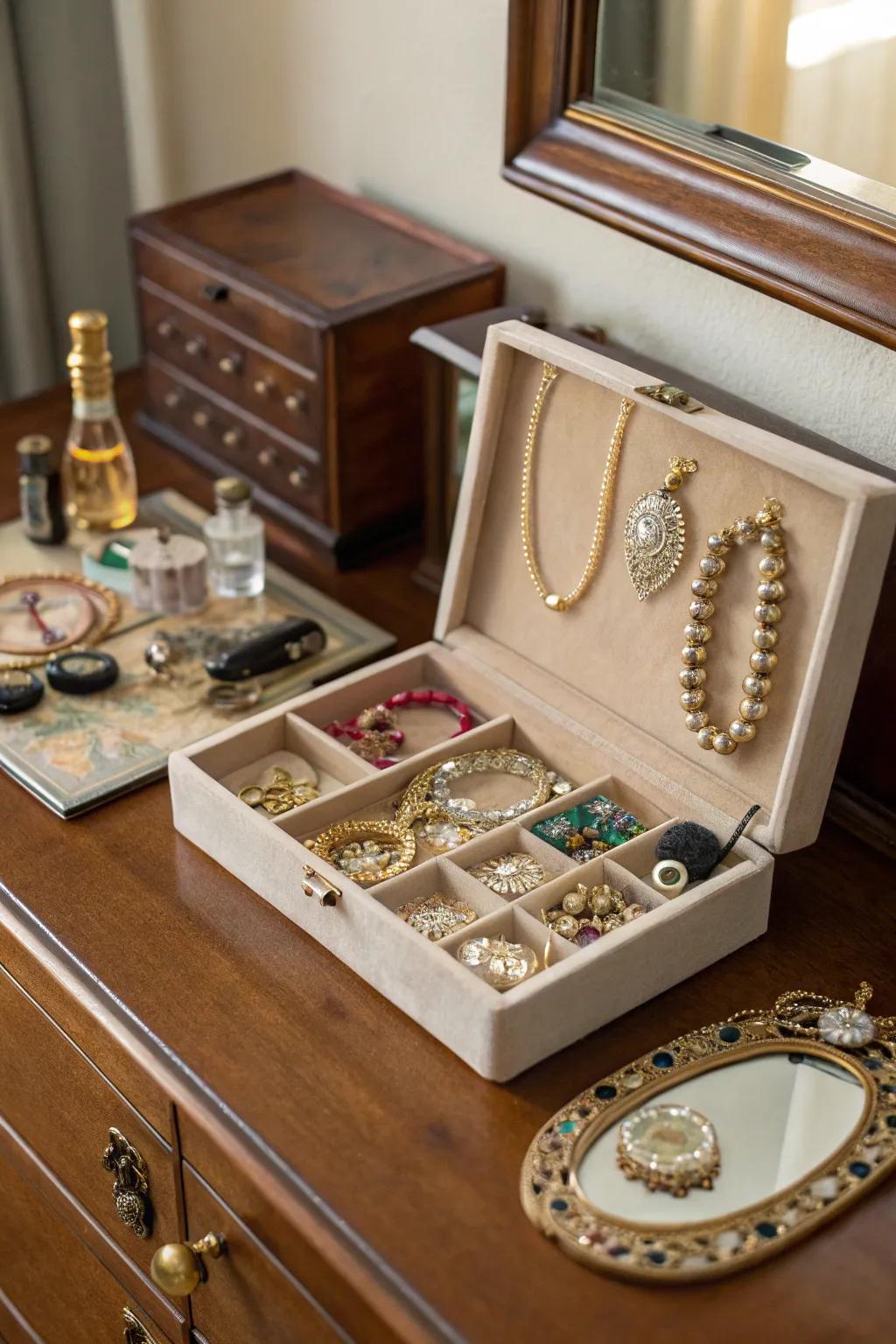 A box lid elegantly embellished with jewelry.