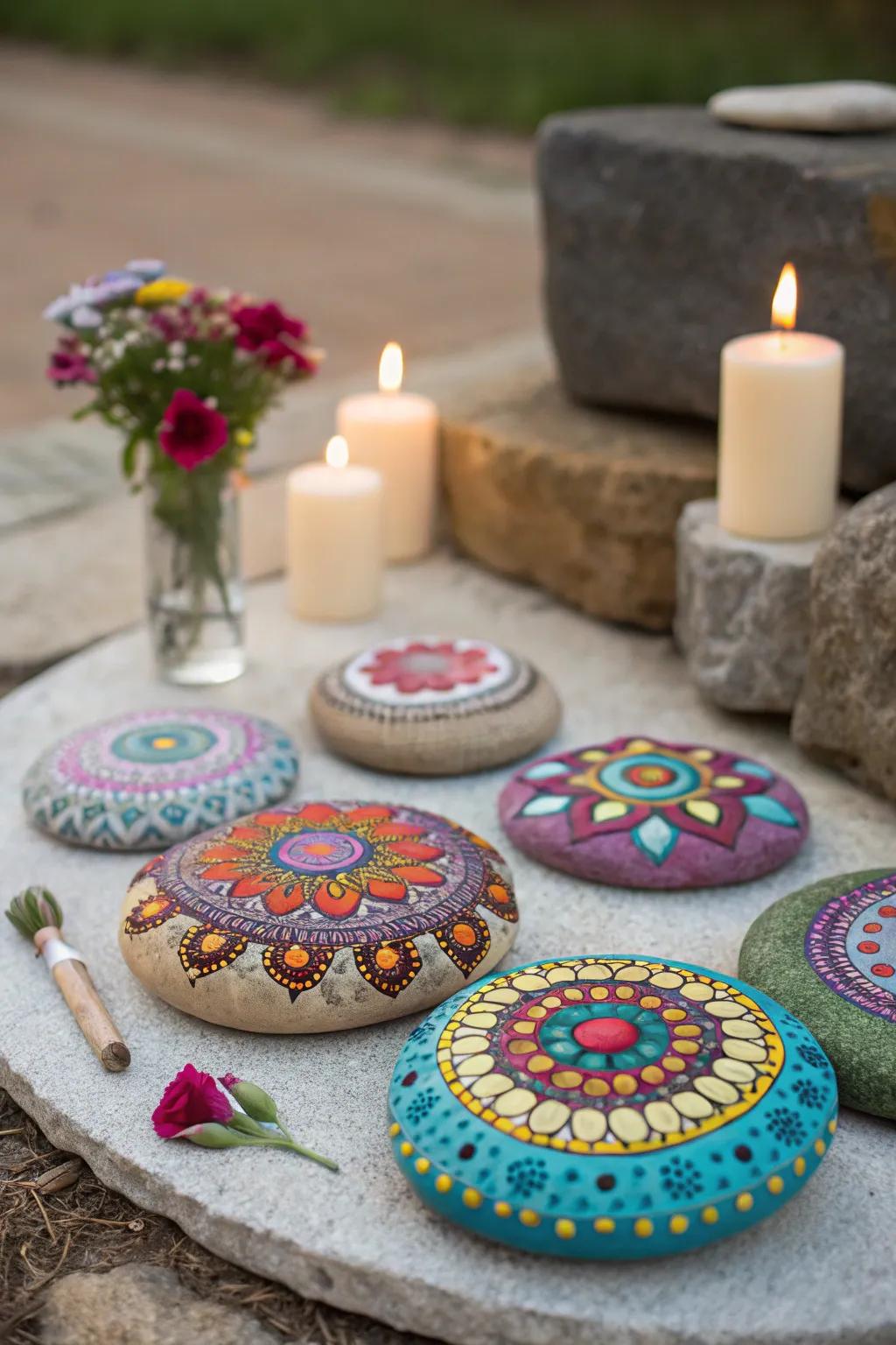 Enhance your meditation space with vibrant mandala rocks.