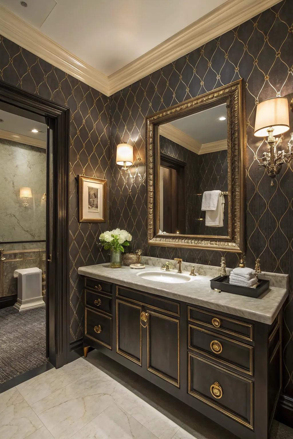 Textured wallpaper adds subtle luxury to any bathroom.