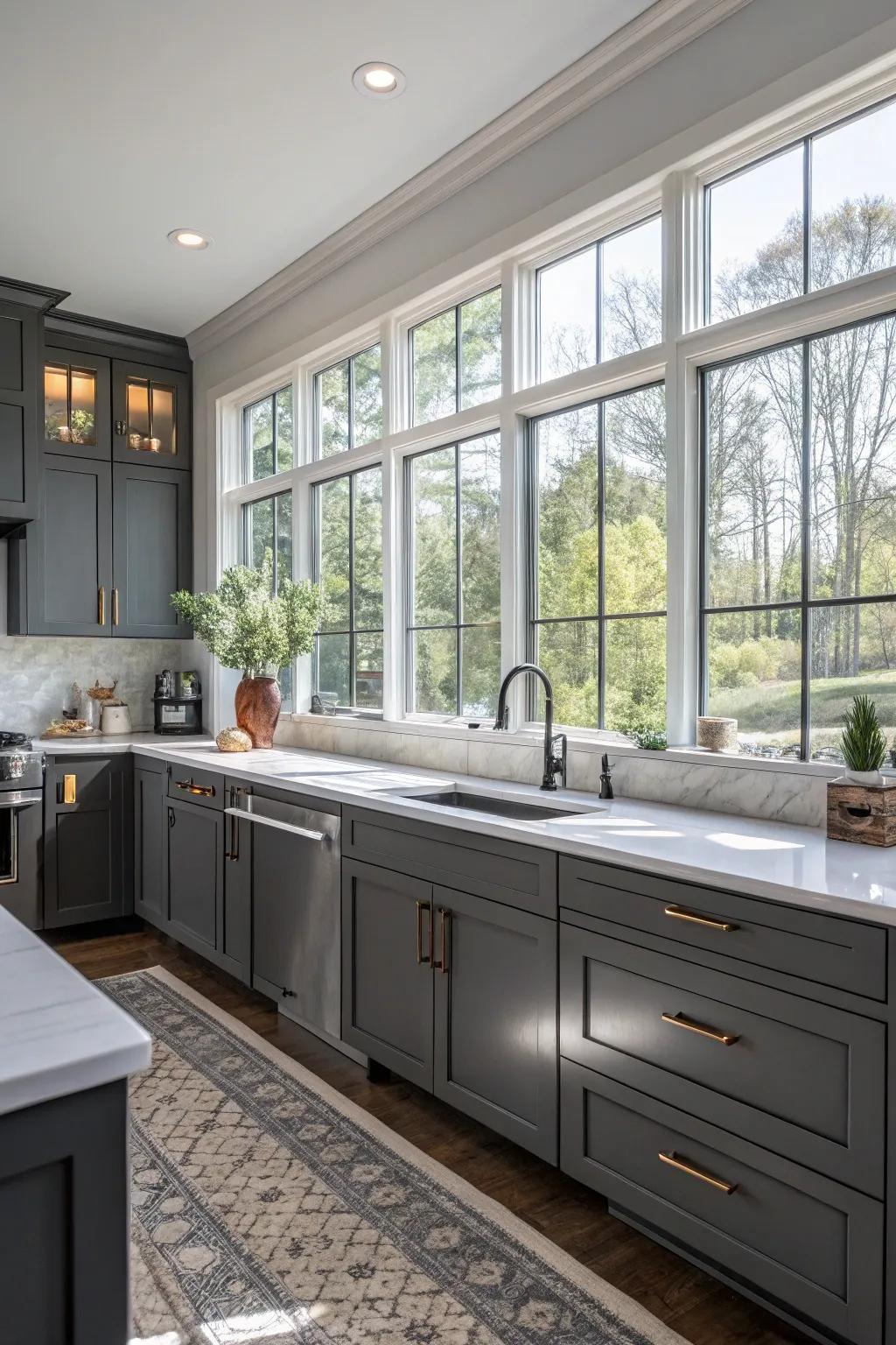 Natural light enhances the beauty of dark gray cabinets.