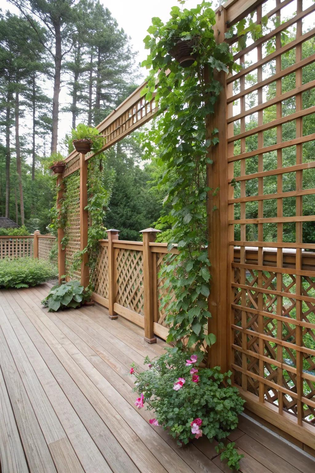 Wooden lattice panels support climbing plants, enhancing privacy on this deck.