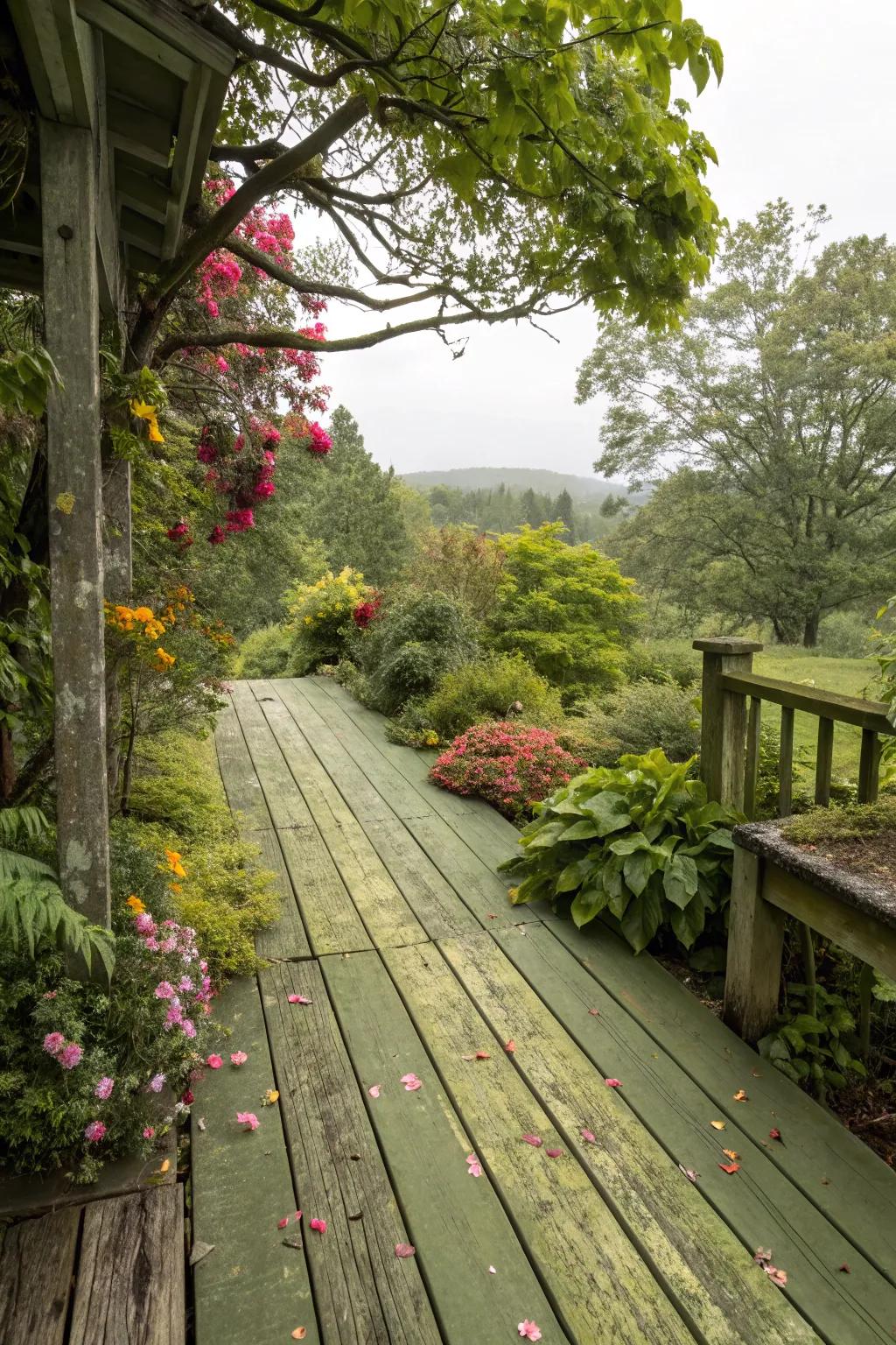 Olive green stain blends naturally with garden settings.