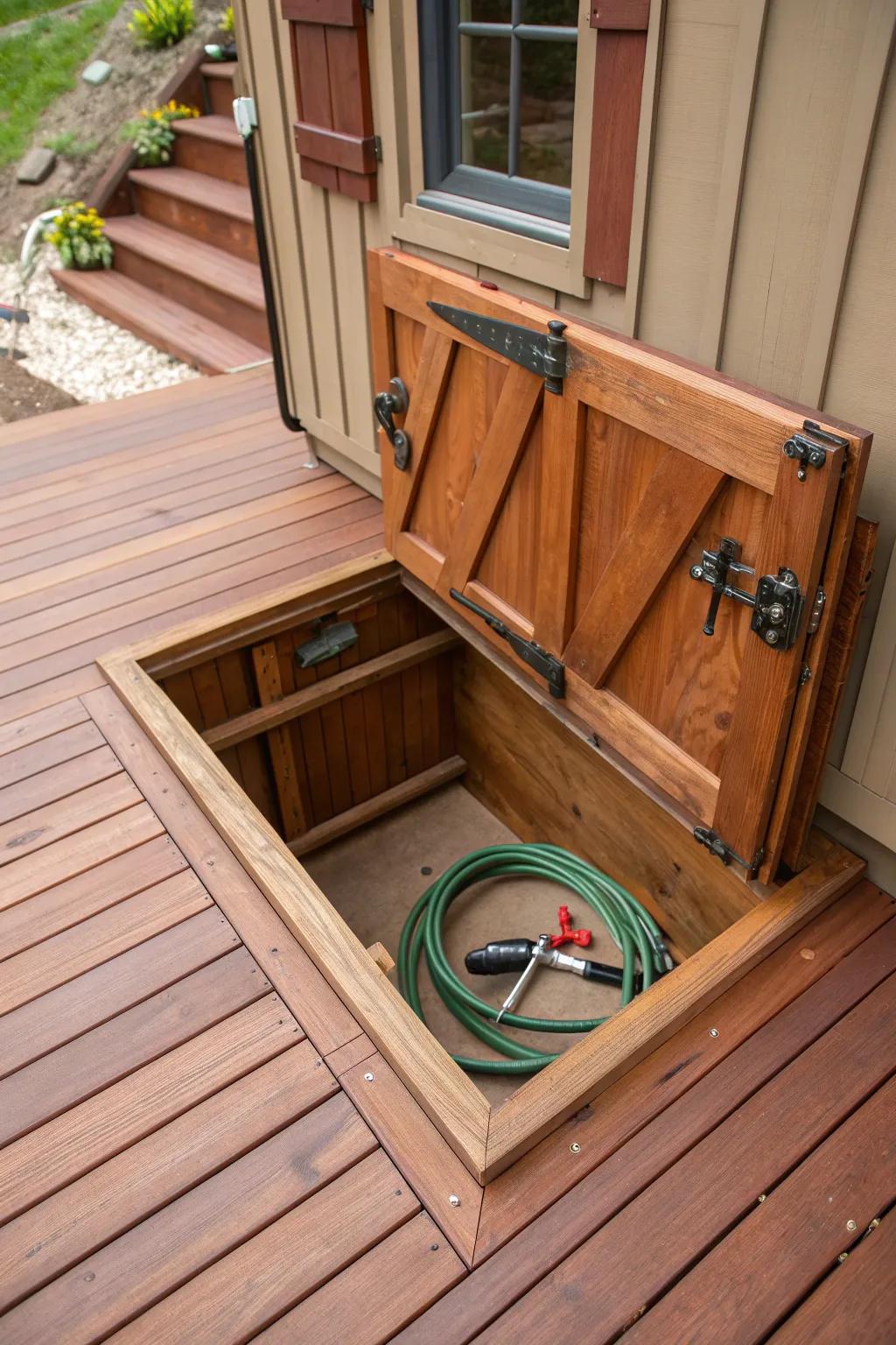 Elevate your deck's functionality with a handcrafted trap door for hidden utility storage.