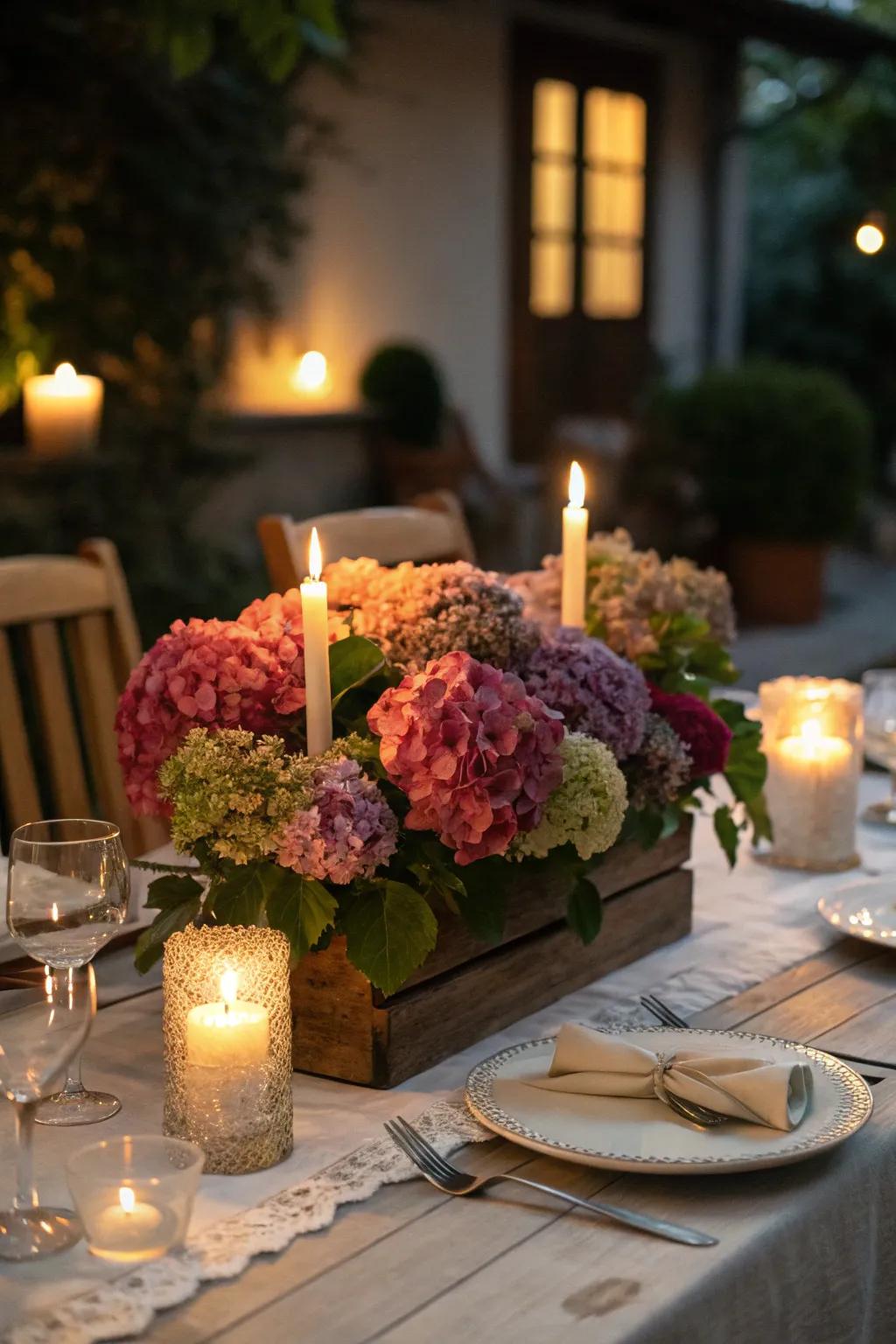 Hydrangeas and candles create an inviting atmosphere.