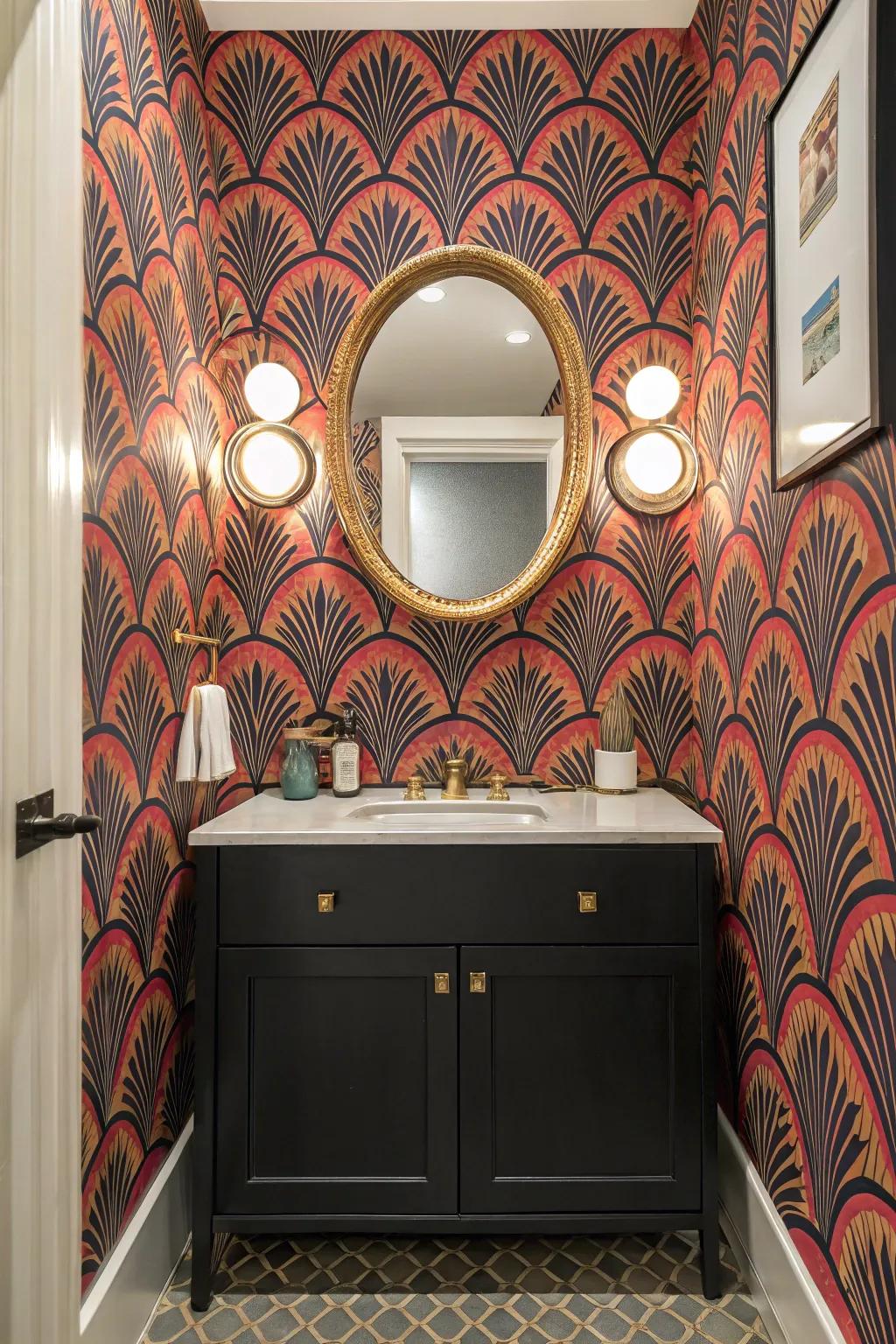 A round mirror elevating a bold wallpaper design.