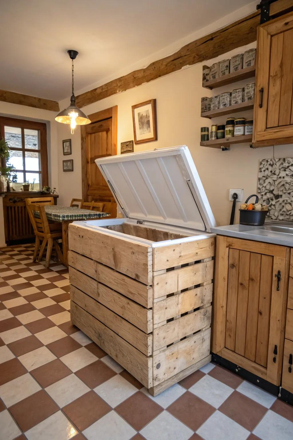 A rustic pallet cover adds warmth and charm to your kitchen.