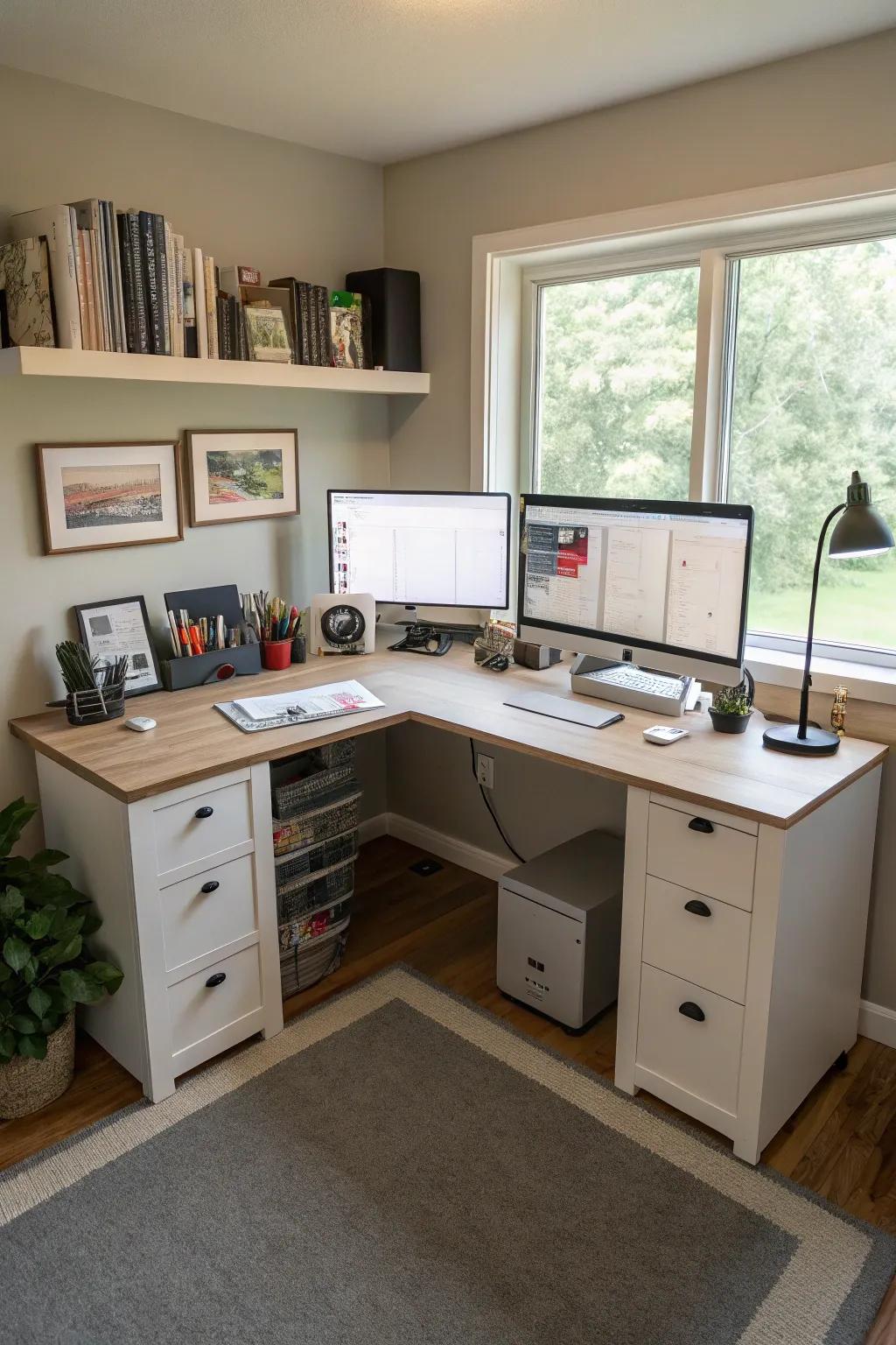 An L-shaped desk utilizing corner space efficiently.