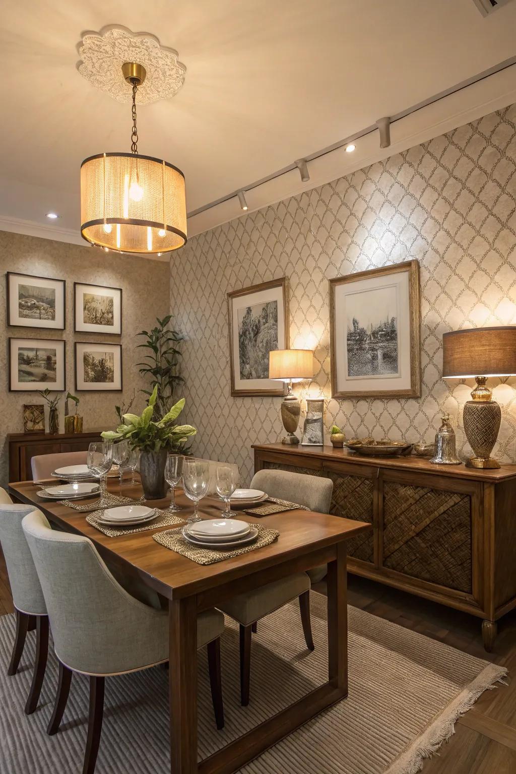 Textured wallpaper adds depth and interest to the dining room.