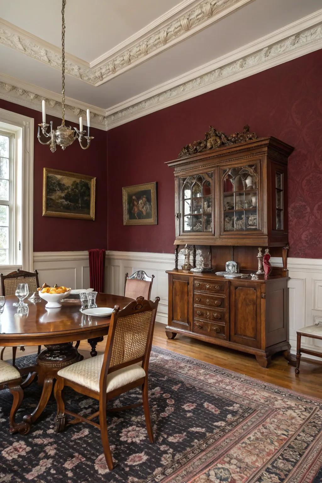 An elegant dining room with deep burgundy and antique white tones.