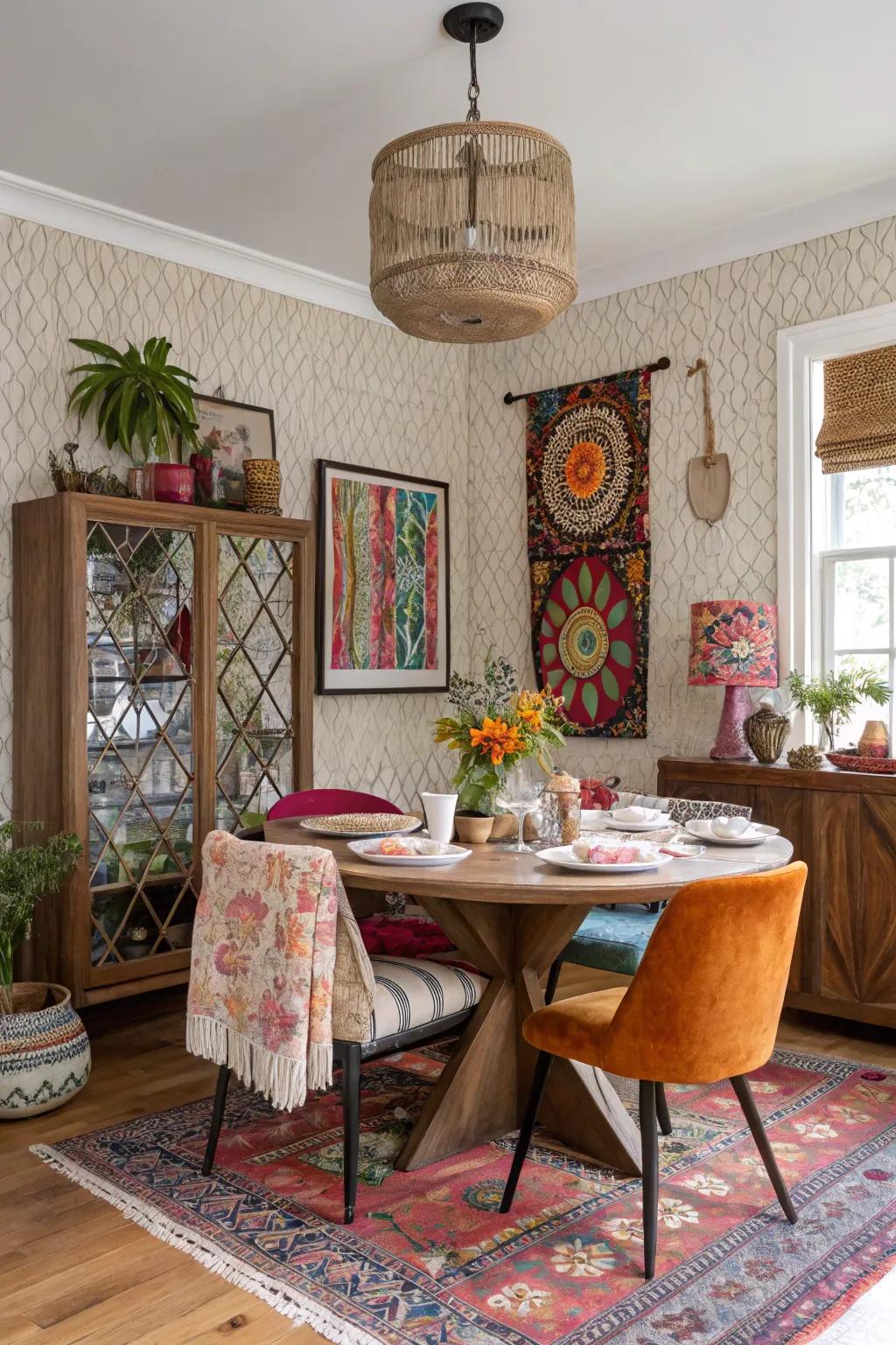 Textured panels bring a bohemian flair to this dining room.