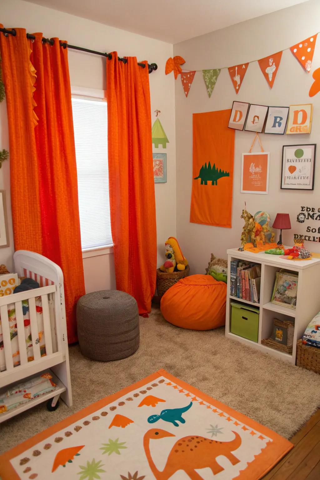 Bold colors bring energy and excitement to this dinosaur nursery.