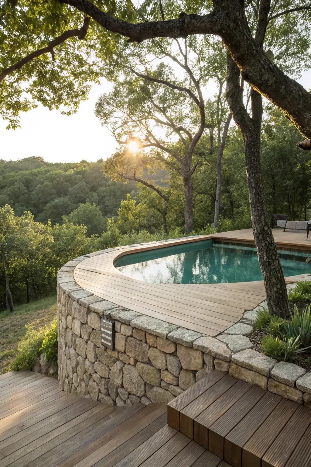 Stone and wood create a textured, natural look for your pool deck.