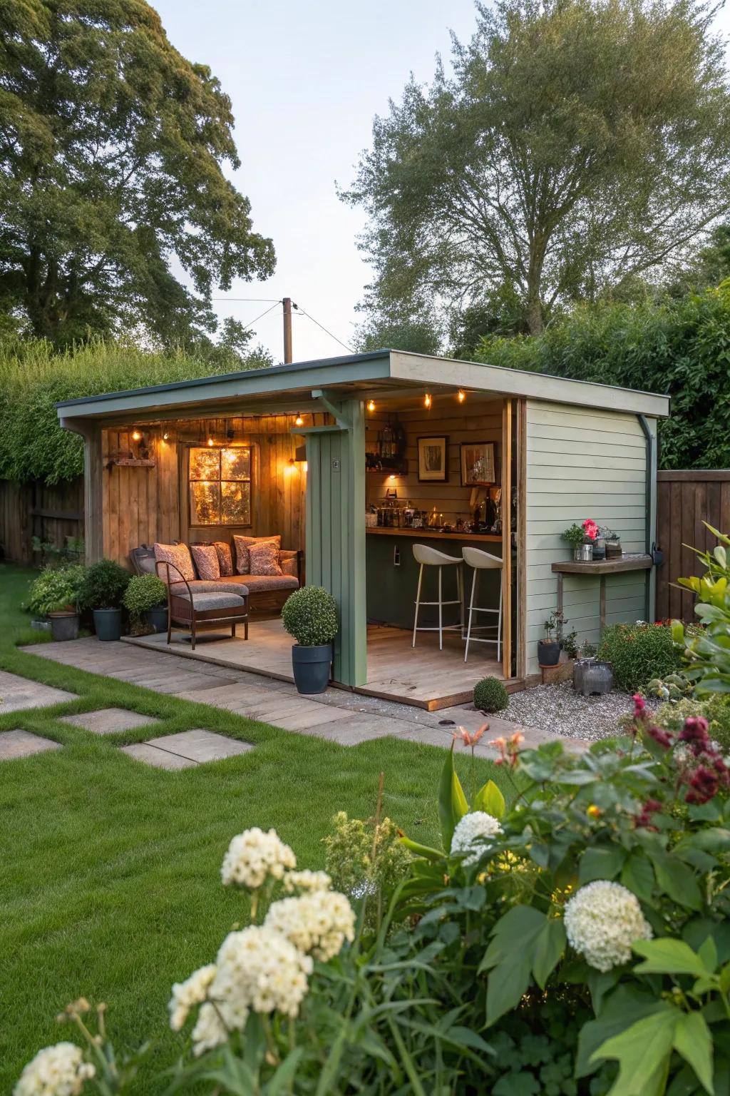 A serene garden bar shed perfect for outdoor gatherings.