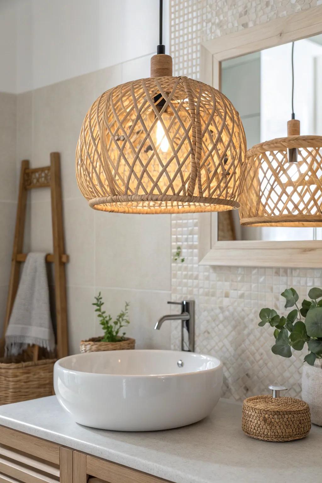 Transform your bathroom with the perfect blend of minimalist design and boho charm. Illuminate your space with a stunning light fixture that speaks to simplicity and elegance.