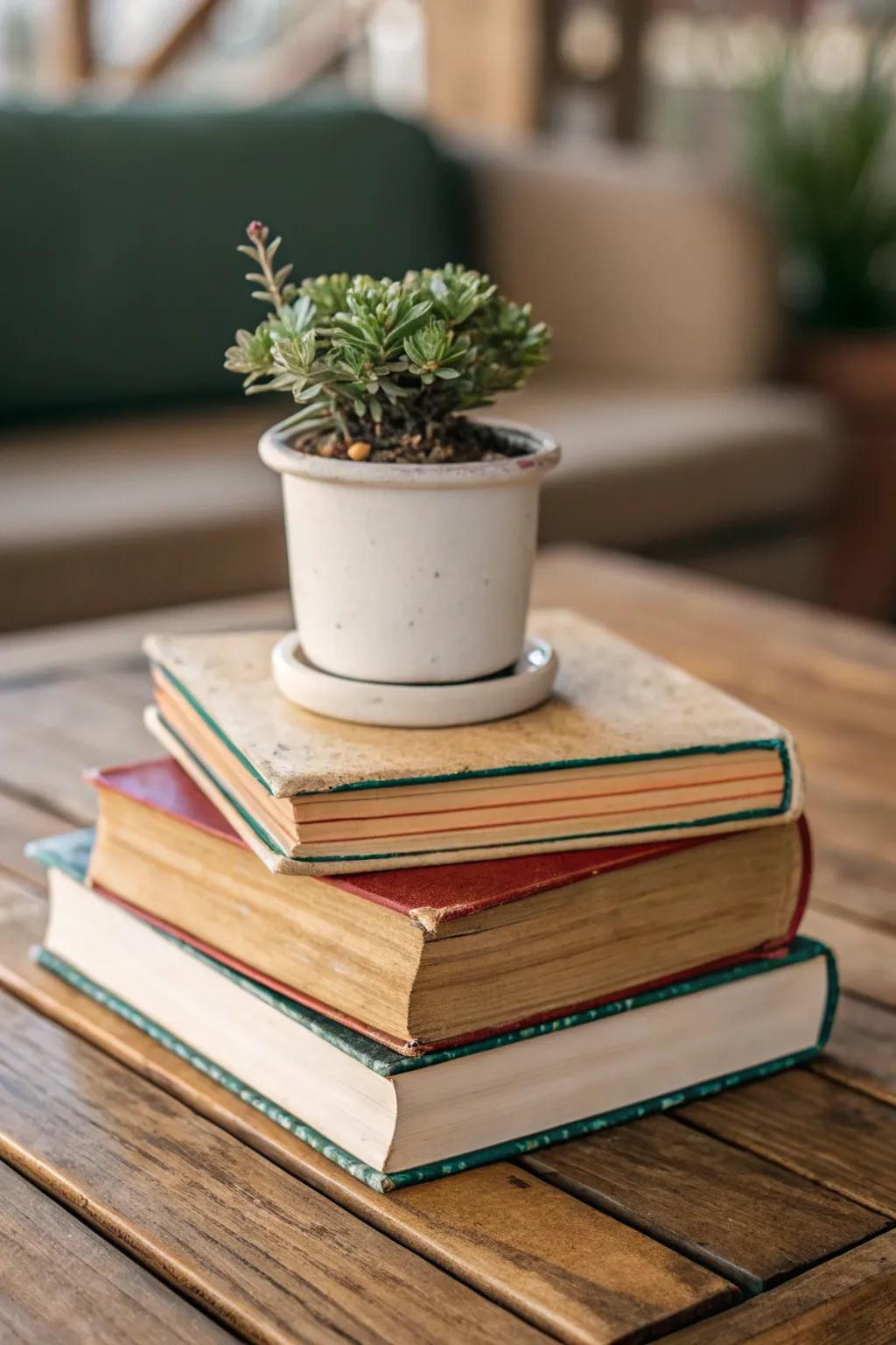 Nostalgic vintage book stack centerpiece